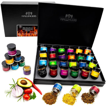 Hallingersi BBQ Deluxe 24 meesteeseme - käsitööna valminud vürtside kinkekomplekt, 24 BBQ-vürtsi üle maailma (komplekt) - emadepäeva- ja isadepäevakingitused | Uus kodu Palju õnne Sõpruse geen