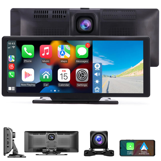 iFrego 4K Apple Carplay 10.26" Carplay with front camera Carplay Android Auto display with exclusive mount Portable with dual Bluetooth Siri Google navigation rear view camera digital media receiver