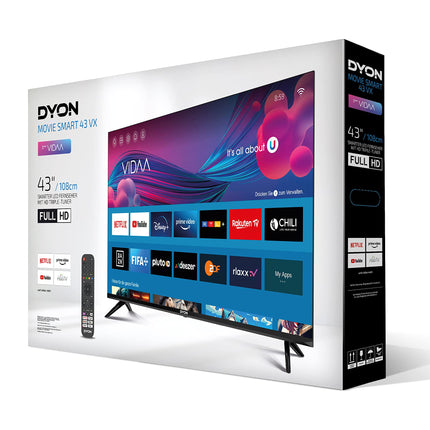 DYON Movie Smart 43 VX - 108 cm (43-tolline) televiisor (Full HD nutiteler, HD kolmekordne tuuner (DVB-C/-S2/-T2), App Store, Prime Video, Netflix, YouTube, DAZN, Disney+)