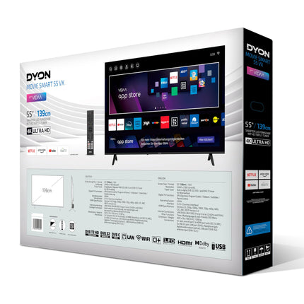 DYON Movie Smart 55 VX - 55-inch (139 cm) TV (4K Ultra HD Smart TV, Triple Tuner (DVB-C/-S2/-T2), App Store, Prime Video, Netflix, YouTube, DAZN, Disney+) [Model Year 2024]