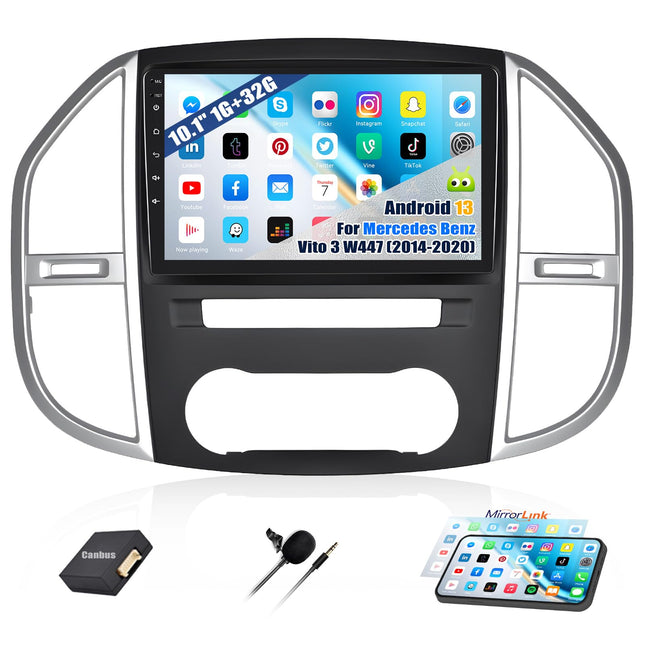 CAMECHO Android 13 autoraadio navigatsiooniga Mercedes Benz Vito 3 W447 (2014-2020), kahe DIN-iga autoraadio 10,1-tollise ekraani, Bluetooth RDS/FM MirrorLinki ja USB=P2-ga