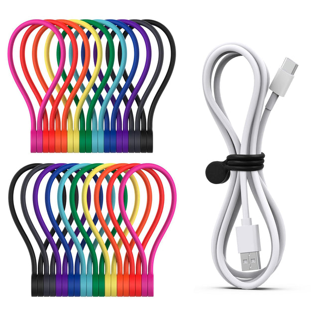 SMART&amp;COOL Reusable Magnetic Cable Ties, Multifunctional Silicone Magnetic Cable Ties for Cable Management and Organizing, 10 Colors Magnetic Cable Ties, 182 mm (20 Pack, Colorful)