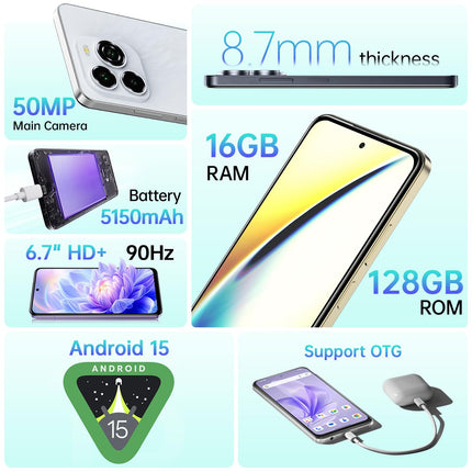 OUKITEL C65 Android 15 nutitelefon, 16 GB + 128 GB / 1 TB mobiiltelefon ilma lepinguta, 6,7-tolline HD+ 90Hz mobiiltelefon, soodne, 50 MP + 8 MP, 5150 mAh SIM-kaardita mobiiltelefonid, kahekordne SIM-kaart, 3 pesa / sõrmejäljelugeja / 3,5 mm pesa