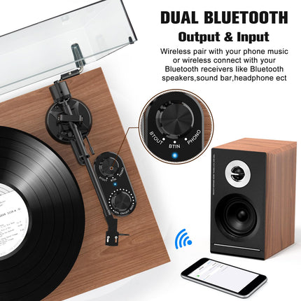 Udreamer plaadimängija integreeritud eelvõimendiga, Hi-Fi süsteem 40W riiulikõlaritega, Bluetooth, alumiiniumist alus, 2-käiguline rihmülekanne, AT-3600L pruun