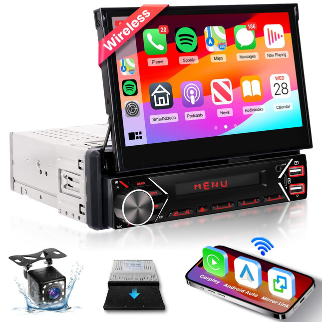 7'' Car Radio 1 Din Carplay Android Auto Wireless with Extendable Screen, Podofo Radio with Bluetooth 5.1 FM 2USB/AUX/Type C With Rear View Camera Steering Wheel Control