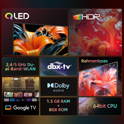 CHIQ TV 40-tolline QLED Google TV, HDR10, WiFi, Google Play, raamita disain, Dolby Audio, Chromecast, DBX-TV, kolmekordne tuuner (DVB-T2/C/S2), hotellirežiim