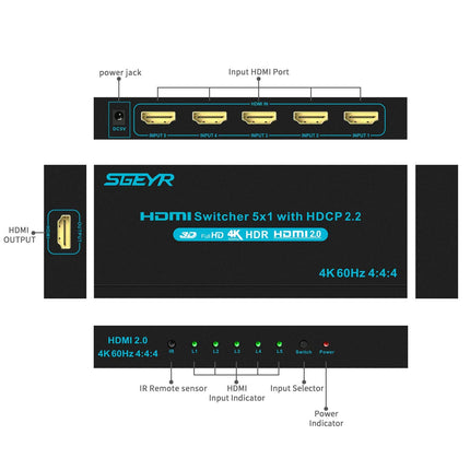 SGEYR HDMI jaotur puldiga, HDMI jaotur, HDMI lüliti, HDMI jaotur, HDMI jaotur kahe monitori jaoks, HDMI jaotur 5 sisse ja 1 välja, 4k HDMI lüliti, teleri, mängukonsooli, Windows 7/8/9/10, Xboxi jaoks