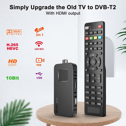 DCOLOR DVB-T2 digitaalne maapealne dekooder 2025, teleri taha peidetud mini HDMI teleripulk, DVB-T2 HDMI teleripulk, HD 1080P H265 HEVC Main 10-bitine, toetab USB WiFi/PVR-i