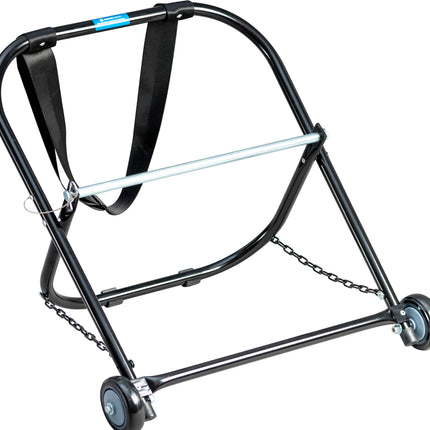 Jonard Tools CC-2721WS terasest kaablihoidik rullikute ja tõmberihmaga, mahutab kuni 50,8 cm läbimõõduga ja 45,4 kg kandevõimega kaablirulle.