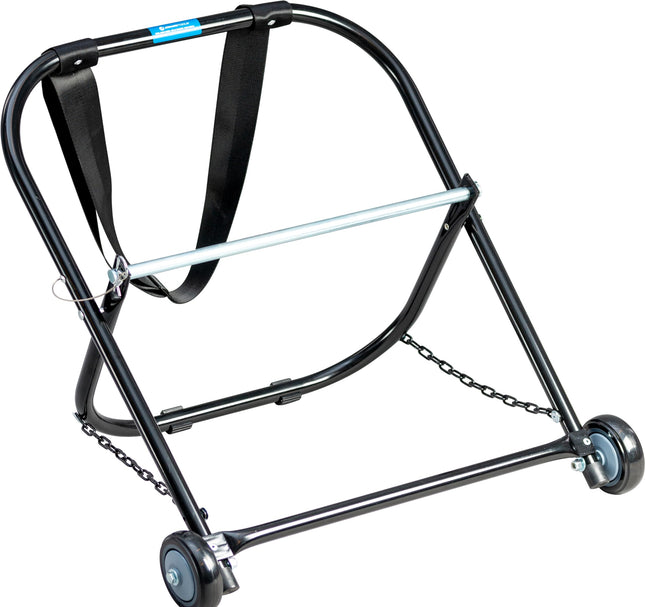 Jonard Tools CC-2721WS terasest kaablihoidik rullikute ja tõmberihmaga, mahutab kuni 50,8 cm läbimõõduga ja 45,4 kg kandevõimega kaablirulle.
