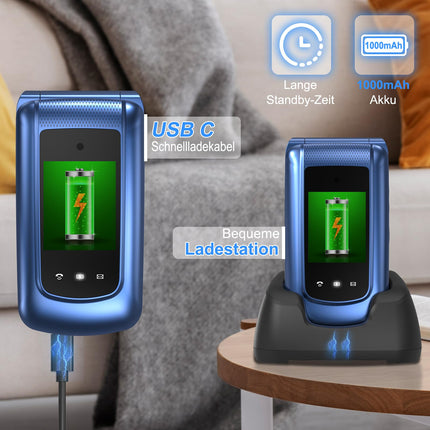4G Flip Phone for Seniors with Large Buttons, Dual-SIM Flip Mobile Phone with Charging Cradle | SOS Emergency Call Function | Speed ​​Dial | Flashlight | FM Radio | 2.4+1.77 Inch Dual Color Display | Blue