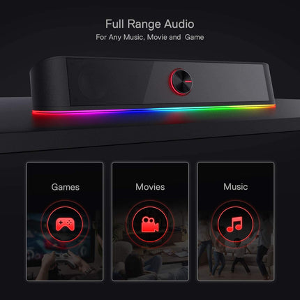 Redragon GS560 Adiemus RGB lauaarvuti heliriba, 2.0-kanaliga arvutikõlar dünaamilise valgusribaga, heli ja valguse sünkroonimine/ekraan, puutetundlik taustvalgus helitugevuse reguleerimisega, USB-kaabel