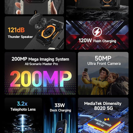 Ulefone Armor 26 Ultra Outdoor Mobile Phone 5G 2024, 200MP+64MP Camera 3.2X Telephoto Lens 24GB+512GB Android 13 Smartphone with 120W Fast Charging 6.78 inch FHD+ 120Hz 121dB Speaker 15600mAh Battery Black
