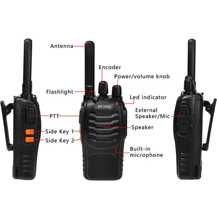 Walkie Talkie PMR446 License-Free Two-Way Radio, Pofung PT88E 16 Channels Professional Rechargeable Long Range Walkie Talkies with EU Charger and Earpieces Black 6 Pack