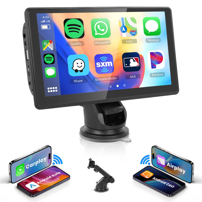 Rimoody Wireless Carplay Android Auto Portable Car Radio 7 Inch Touchscreen Portable Car Radio with Airplay/Android Cast/Dual Bluetooth/FM Transmitter/Voice Control/Siri/GPS/TF/AUX/USB/EQ 7V-32V