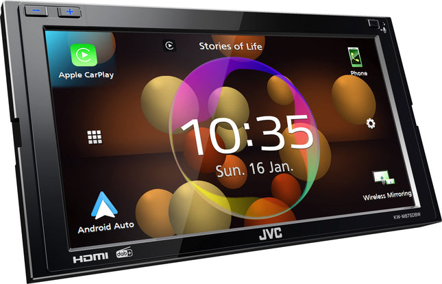 JVC KW-M875DBW - 17,3 cm (6,8") digitaalne meedia AV-vastuvõtja juhtmevaba CarPlay ja Android Auto funktsiooniga (4x50W, DAB+/FM, BT, 3x eelväljundit 4V, USB-C, iPod/iPhone'i juhtimine)