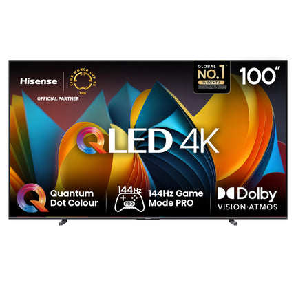Hisense 100E7NQ 254 cm (100-inch) TV, 4K UHD, QLED, HDR10, HDR10+ decoding, HLG, Dolby Vision Atmos, 144Hz VRR, Smooth Motion, Bluetooth, Alexa Built-in, VIDAA Voice, Black [2025]
