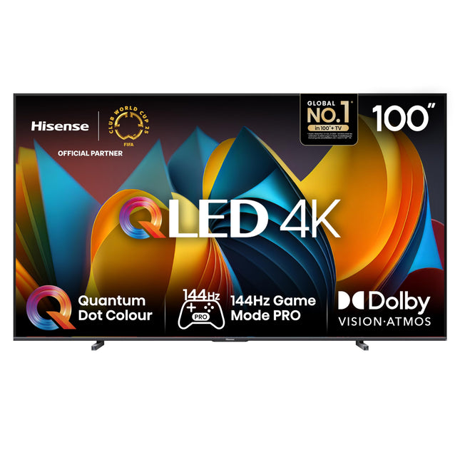 Hisense 100E7NQ 254 cm (100-inch) TV, 4K UHD, QLED, HDR10, HDR10+ decoding, HLG, Dolby Vision Atmos, 144Hz VRR, Smooth Motion, Bluetooth, Alexa Built-in, VIDAA Voice, Black [2025]