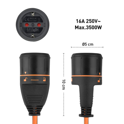 Electraline 01650 pikendusjuhe 3M 3G1.5 koos Electralock pistikupesaga ja toiteühenduse lukustussüsteemiga, mis hoiab ära ühendatud seadme juhusliku lahtiühendamise selle kasutamise ajal.