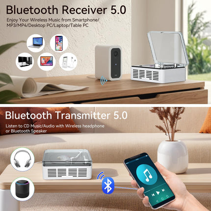 Gueray CD-mängija, Bluetooth-raadio, CD-mängija ja kõlari tugi, USB-taasesitus, AUX-taasesitus audioraamatute jaoks, valge