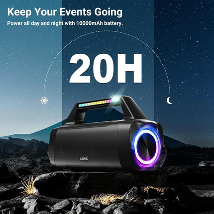 AKONE Bluetooth Speaker, 80W Peak Music Box Bluetooth Large Bass Boost with LED Light, Rolling Stereo Sound Soundbox, 20h Battery, IP67 Outdoor Speaker Boombox for Parties, Beach, Camping