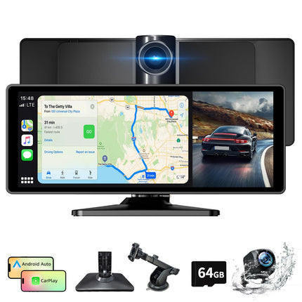 10,26-tolline juhtmevaba Carplay Android Auto ekraan, kaasaskantav autostereo 4K armatuurlauaga + 1080P tahavaatekaamera, Siri/Google Assistant, GPS-navigatsioon, Bluetooth, Mirror Link, FM, 64G TF kõikidele sõidukitele