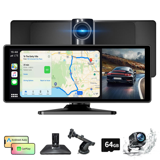 10,26-tolline juhtmevaba Carplay Android Auto ekraan, kaasaskantav autostereo 4K armatuurlauaga + 1080P tahavaatekaamera, Siri/Google Assistant, GPS-navigatsioon, Bluetooth, Mirror Link, FM, 64G TF kõikidele sõidukitele
