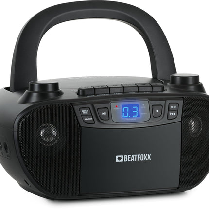 Beatfoxx CDB-1016 BK Boombox kasseti, CD-mängija, raadio ja kandekäepidemega - Diktofon AUX-sisendiga ja kõrvaklapiväljundiga - Toiteallikaks toitekaabel või 6x C-tüüpi patareid - Lastele ja täiskasvanutele