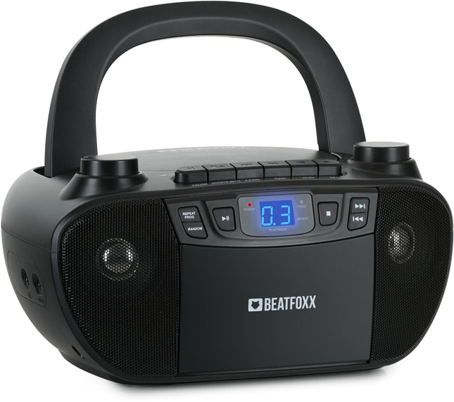 Beatfoxx CDB-1016 BK Boombox kasseti, CD-mängija, raadio ja kandekäepidemega - Diktofon AUX-sisendiga ja kõrvaklapiväljundiga - Toiteallikaks toitekaabel või 6x C-tüüpi patareid - Lastele ja täiskasvanutele