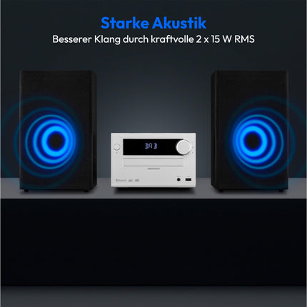MEDION E64482 mikroaudiosüsteem, kompaktne süsteem (DAB+, CD-mängija, PLL FM-raadio, Bluetooth, MP3-mängija, AUX, kõrvaklapipesa, USB, unetaimer, hämardatav ekraan) hõbedane