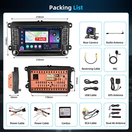 Podofo 8+128G autoraadio VW Golf 5 6 Polo istmele Skodale koos juhtmevaba Carplayga Android Auto, 7-tolline Android 13 autoraadio ekraani, Bluetoothi, WiFi, GPS-i, RDS-i + tahavaatekaamera ja mikrofoniga