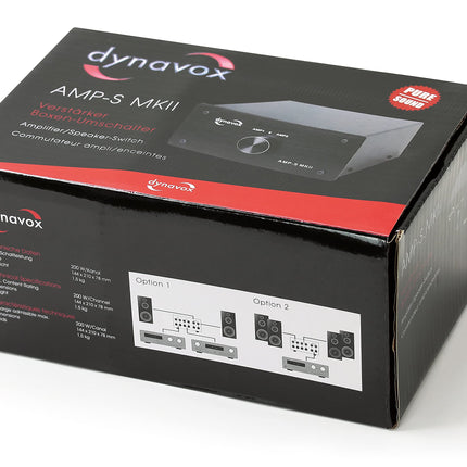 Dynavox AMP-S MKII, võimendi ja kõlari lüliti metallkorpuses, stereo- ja ruumilise heli võimendite jaoks, ühendus banaanpistikute või klemmliistu kaudu, must