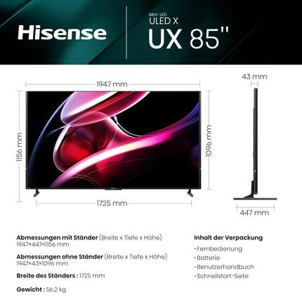 Hisense 85UXKQ 217 cm (85-inch) TV, 4K Mini LED ULED, Smart TV, HDR10+, Dolby Vision IQ, Triple Tuner, 144 Hz (VRR), Airplay, Alexa Built-in, Dolby Atmos, Anthracite (2023)