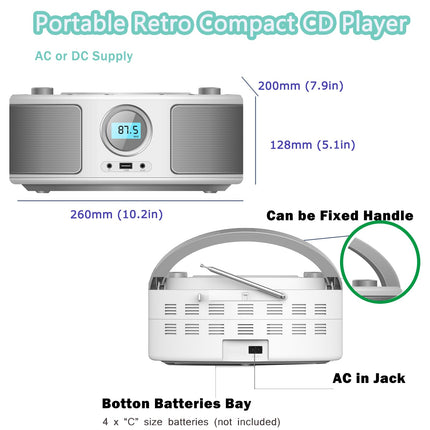 WISCENT Portable CD Radio Boombox (CD Player, Boomboxes, FM Radio, USB, Headphone Jack, AUX-In), CD Player for Children and Adults