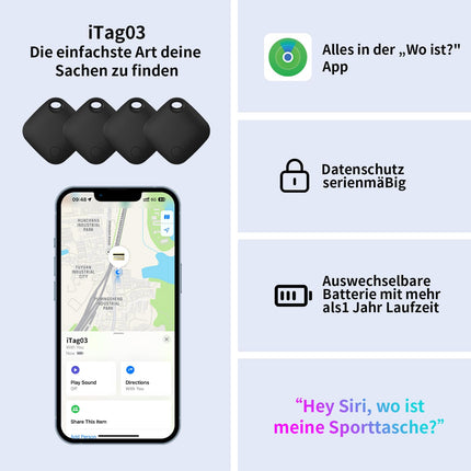 RSH AirTag Smart Tag Suitcase Tracker 4-Pack, Bluetooth Tracker, Key Finder Compatible with Apple "Find My?" APP (iOS ONLY), for Wallet/Suitcase Luggage/Bags, Replaceable Battery