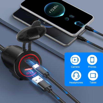 XMSJSIY mootorratta USB-laadija USB-C kiirlaadimispesa QC 3.0 18W USB-30W C-tüüpi kiirlaadimisadapter lülitiga lenkstangi tahavaatepeegli kinnitusega - 60CM/1.96FT