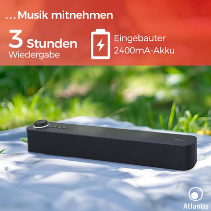 Atlantis Soundbar PC 20W, arvutikõlar, 3,5 mm pesa + Bluetooth 5.3 nutitelefonile, FireTV-le, plaadimängijale, 2400 mhA aku, FM-raadio, arvutikõlar, kaasaskantav, teler, nutitelefon 420x60x74 mm P003-C0820-B