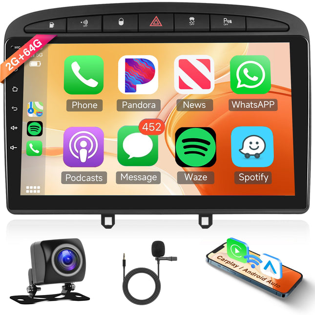 2G+64G Android autoraadio 2 DIN Peugeot 308/408 2007-2013 juhtmevaba Apple Carplay Android Auto Navi GPS WiFi 9-tolline autoraadio peegliühendusega Bluetooth FM/RDS DAB/OBD/DVR/HiFi tahavaatekaamera
