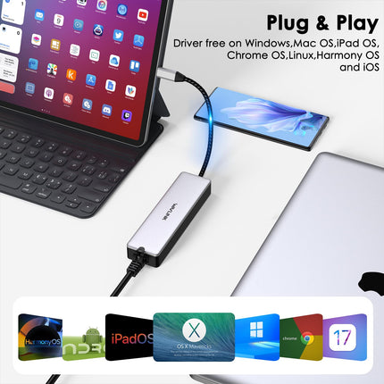 Wavlink USB C to Ethernet Adapter 2.5Gbps, 10Gbps USB-C PD 100W Laptop Network Adapter, Aluminum RJ45 LAN Internet Adapter Driver Plug &amp; Play for MacBook, HP, Dell, Lenovo, iPad, iPhone