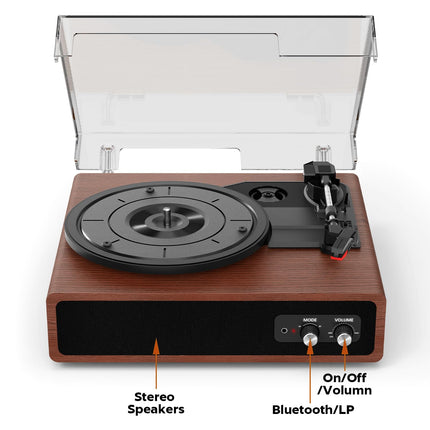 Record Player, FYDEE Vinyl Record Player with Built-in Stereo Speakers, Bluetooth Record Player with Transmitter, 3 Speeds 33/45/78 RPM, Supports RCA and AUX, Walnut