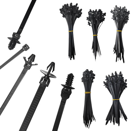 200 tk mustad kaablisidemed, plastkaablisidemete komplekt, surukinnitusega kaablisidemed, 5 tüüpi minikaablisidemeid, autotööstusele, ehitusele, sisejuhtmete kimpudeks pakkimiseks (must)