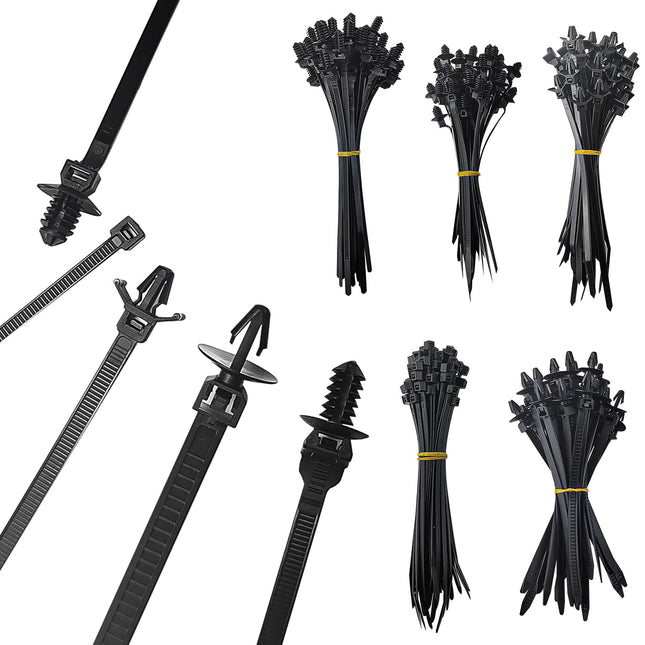 200 tk mustad kaablisidemed, plastkaablisidemete komplekt, surukinnitusega kaablisidemed, 5 tüüpi minikaablisidemeid, autotööstusele, ehitusele, sisejuhtmete kimpudeks pakkimiseks (must)