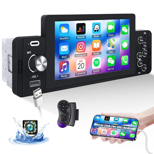 CAMECHO Car Radio 1 Din with 5 inch Touch Screen, Compatible with IOS/Android Mirror Link, Touch Display with Bluetooth Handsfree FM EQ SWC TF/USB/AUX/Type-C + Rear View Camera