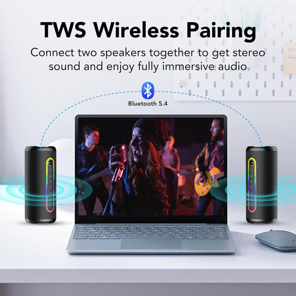 Bluetooth speaker with light, Bluetooth 5.4 music box, 30W dual speakers, dual bass drivers, 30-hour battery life, IPX7 waterproof, TWS pairing, AUX, TF card, suitable for outdoor/party/travel, black