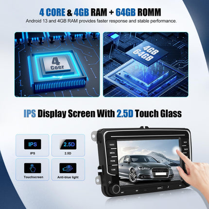 [4+64G] SIXWIN Android 13 autoraadio CarPlay/Android Auto/peegliühendusega VW Golf 5, Golf 6, Skoda Polo, Passat Tiguan Touranile, 7-tolline HD puuteekraan, toetab WiFi, GPS, Bluetooth 5.0, FM/RDS 32EQ