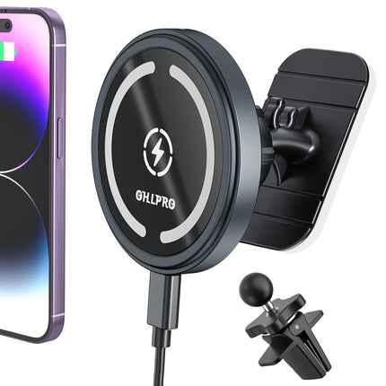 OHLPRO Compatible with MagSafe Car Mount Charger, Car Phone Holder with Charging Function for iPhone 16 Pro Max/16 Pro/16 Plus/15/14/13/12 Series, Magnetic Car Phone Holder Wireless Car Holder