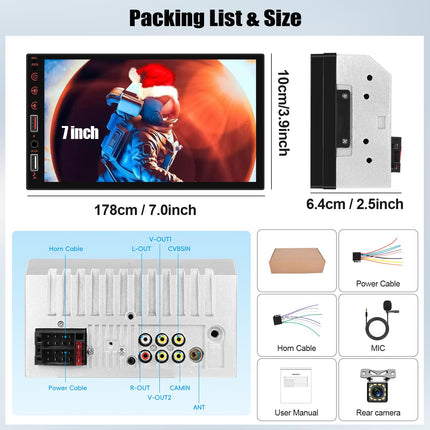 CAMECHO Double Din Radio with Wireless Carplay, 7 inch Touchscreen Android Auto Car Radio with Bluetooth FM Mirror Link Steering Wheel Control AUX EQ Sound YouTube + Rear View Camera