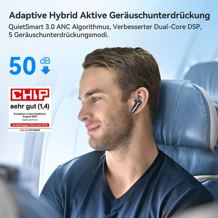 EarFun Air Pro 4 Bluetooth-kõrvaklapid adaptiivse hübriidmüra summutusega, aptX Lossless tehnoloogia, kõrglahutusega heli, LDAC, 6 mikrofoni, cVc 8.0 tehisintellektiga kõned, 52-tunnine aku tööiga, Multipoint, Bluetooth 5.4 ja kõrvasisese tuvastus.