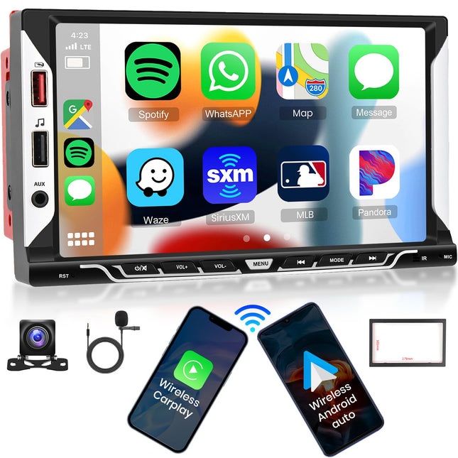 Kahe DIN-pesaga autoraadio, juhtmevaba CarPlay ja Android Auto tugi - 7-tolline puutetundliku ekraaniga autoraadio Bluetoothi/peegliühenduse/FM-raadio vastuvõtja/tagurduskaamera/SWC/USB/AUX-sisendiga, MP5-mängija, 2 DIN-pesaga