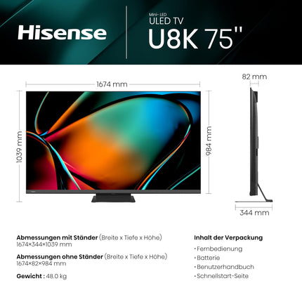 Hisense 75U8KQ Mini LED 4K ULED nutiteler - - 190,5 cm (75 tolli) Dolby Vision IQ ja Atmos, 120Hz paneel, Game Mode Pro, UHD AI ülesskaleerija, HDR10+, Bluetooth, Apple AirPlay, Alexa, antratsiithall [2023]